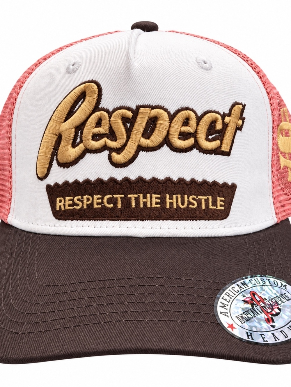 Respect Respect the Hustle brown white and coral trucker hat